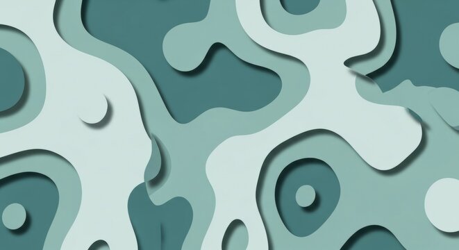 Abstract 3D paper cut background featuring teal and sage green layered organic shapes. Modern papercraft design with topographic curves, overlapping forms, and soft drop shadows.