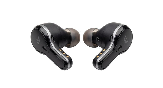 Wireless black earbuds with sleek metallic accents, modern true wireless earphones for music and calls, premium audio accessories isolated PNG with Transparent Background