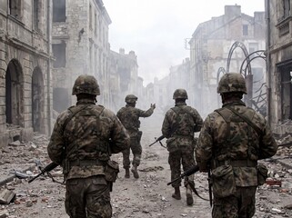 Fototapeta premium Military soldiers in camouflage uniforms patrol through a destroyed city street after a bombing, carrying rifles and wearing helmets.