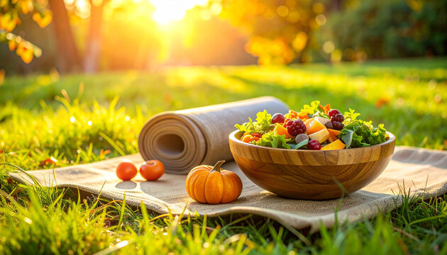 Healthy organic Halloween picnic with pumpkin salad and yoga mat - Wide left copy space