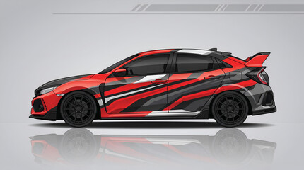 Naklejka premium Modern Racing Car Livery Vector Design with Red and Black Stripes Sport Hatchback Wrap Design Vector Template for Vehicle Graphics Geometric Sports Car Vinyl Wrap Vector Graphic Concept