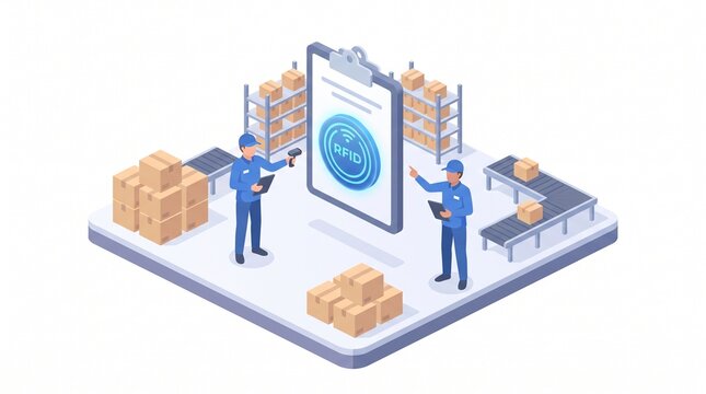 Isometric illustration of auditors inspecting a giant clipboard with an RFID tag