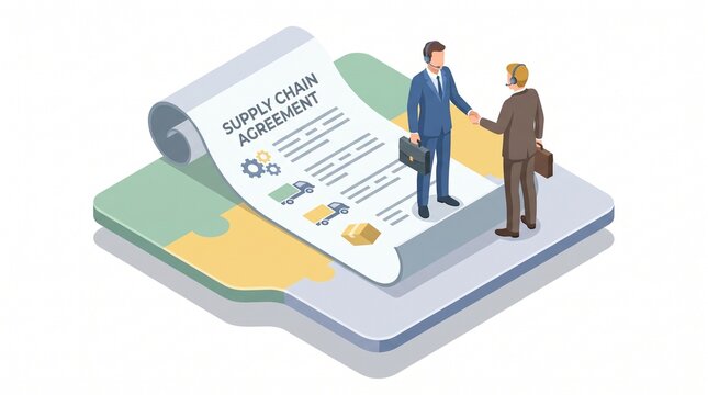 Isometric illustration of procurement officers shaking hands over a giant contract document