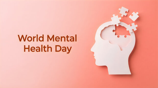 World mental health day concept with a paper cut out of a human head silhouette and colorful flowers blooming from the brain on pink