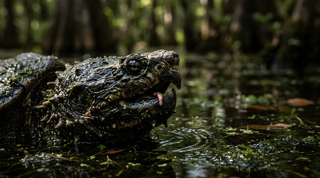 aligator snapping turtle closeup on mangrove area