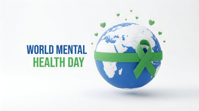 A conceptual illustration for world mental health day featuring a globe wrapped in a green ribbon with floating hearts on a clean white background