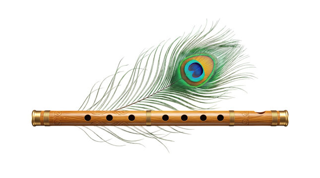 Traditional wooden bansuri flute with peacock feather isolated on transparent background