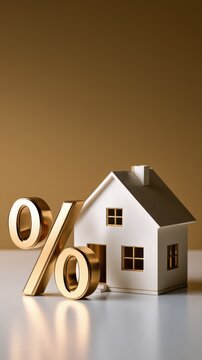 Conceptual image of a white house model with a large gold percentage symbol symbolizing mortgage interest rates and home financing costs in real estate