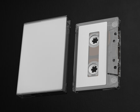 3d render. A mock-up of an audio cassette with a box on a black background. Retro aesthetics, clean composition, ideal for design and media projects.