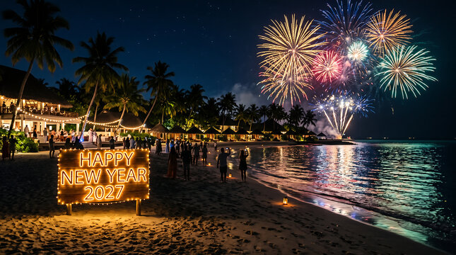 Fireworks over tropical beach New Year 2027 celebration night