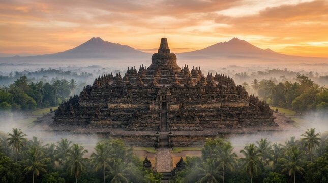 Majestic Borobudur Temple at Sunrise with Misty Mountains and Lush Forest.