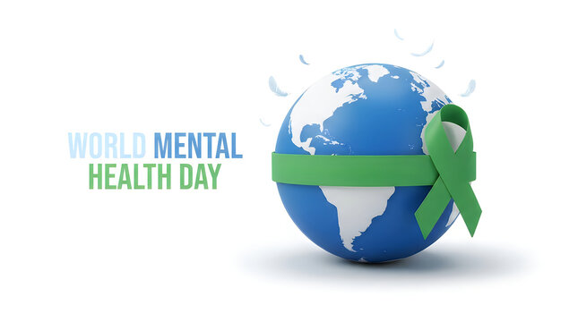 A conceptual illustration featuring a blue globe wrapped in a green awareness ribbon to symbolize global support and advocacy for world mental health day
