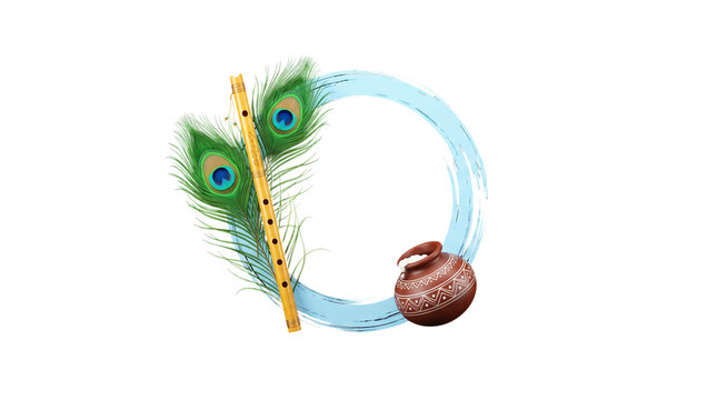 Krishna janmashtami flute and pot with peacock feathers isolated on transparent background