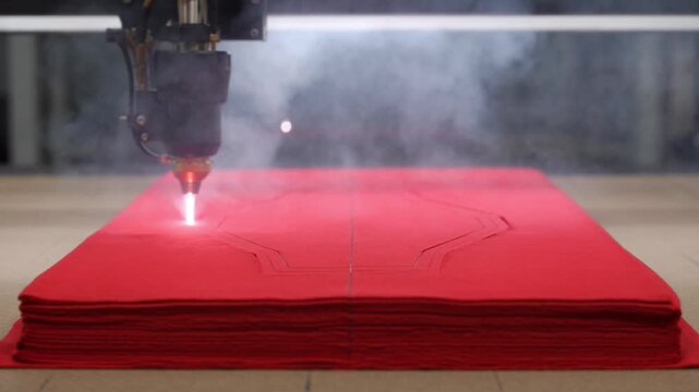 High precision laser beam cutting intricate pattern on red textile material surface
