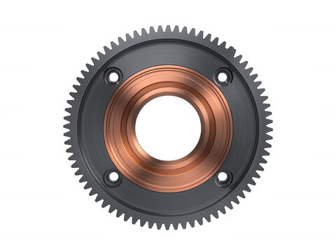 Precision engineered mechanical gear with copper inner ring isolated on transparent background