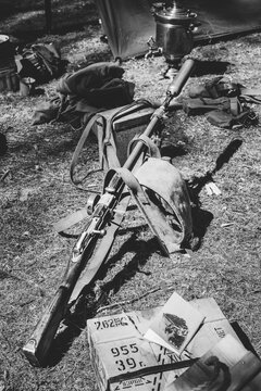 Old soviet russian rifle mosin nagant model 91 38. model 91 cossack receiver with m44 rear sight m 1944 stock and hand guard. rifle with 91 receiver and grenade launcher. Black And White Toned Shot