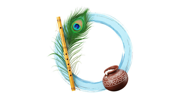 Krishna janmashtami concept with flute, peacock feather and butter pot isolated on transparent background