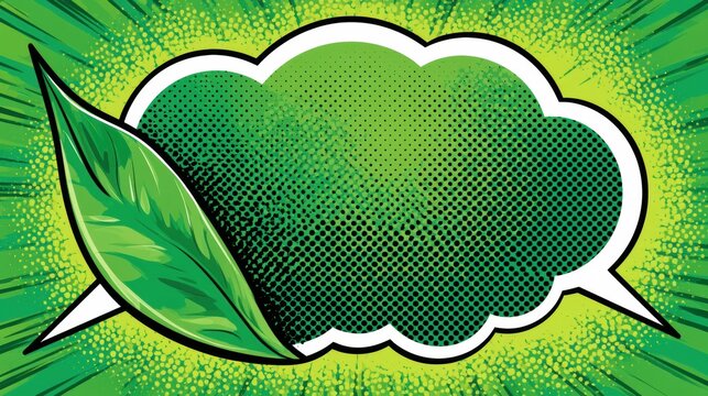 A single leaf sits in a pop art comic style with a bold outline and vibrant halftone background. The design has large empty space for text.