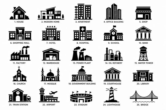 Set of black and white building icons representing world famous landmarks