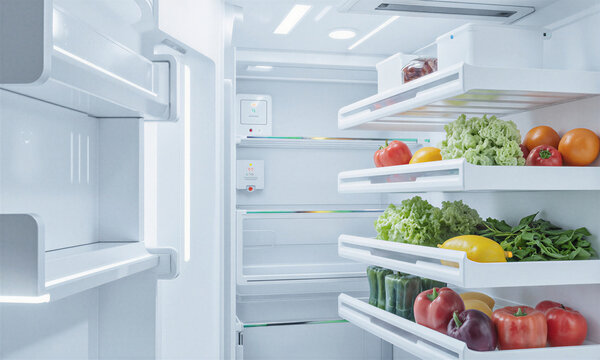 Smart fridge interior with fresh vegetables and futuristic sensors on white shelves inside a sleek modern appliance