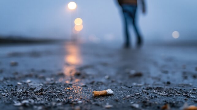The Cigarette Butt on Wet Pavement Under Streetlights at Dusk