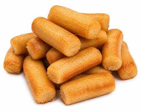 A pile of crispy golden fried potato tots on a white background