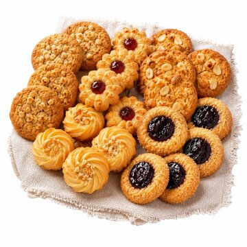 Assorted sweet cookies with fruit jam filling on a decorative paper napkin