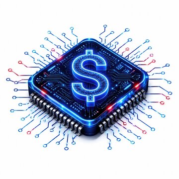 Blue computer chip with a glowing dollar sign symbol
