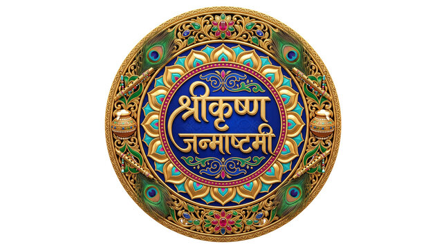 Shree krishna janmashtami decorative circular emblem isolated on transparent background