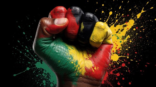 Raised fist painted in Pan African colors, red, yellow, black, and green, against abstract paint splatters. Symbolizes Juneteenth, Kwanzaa, Africa Day, and freedom.