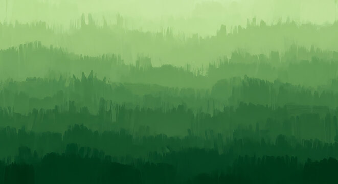 Abstract green forest background featuring a layered landscape with misty brushstroke textures and artistic painterly style