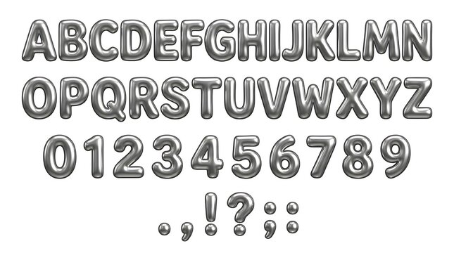 3d silver alphabet letters, numbers and punctuation marks isolated on white background