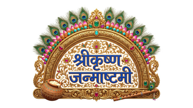 Shri krishna janmashtami text with ornate frame isolated on transparent background