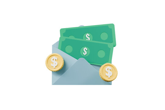 3d money envelope icon. cash transfer concept. minimal cartoon envelope, banknotes and coins for payment delivery. isolated on white transparent background. 3d render.