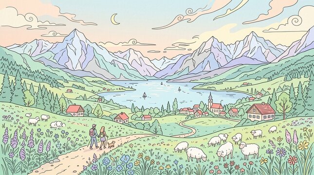 A whimsical, hand-drawn pastoral landscape illustration featuring a scenic mountain valley, a tranquil alpine lake, a small village, and a shepherd with sheep grazing in a blooming wildflower meadow