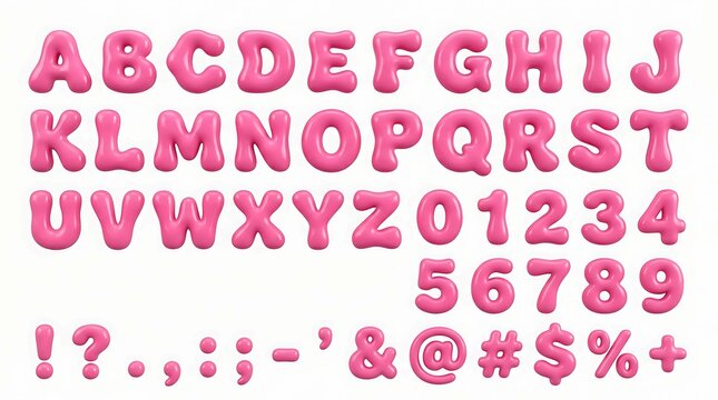 3d pink balloon alphabet, numbers and symbols isolated on white background
