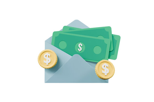 3d money envelope icon. cash transfer concept. minimal cartoon envelope, banknotes and coins for payment delivery. isolated on white transparent background. 3d render.