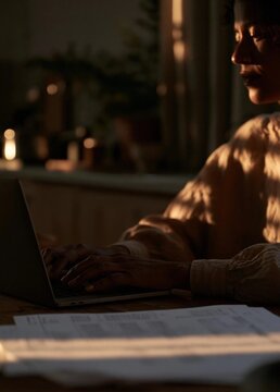 Person sitting at a desk with a laptop in front of them. the person is wearing a beige sweater and appears to be working on a project. the laptop is open and the person's hands are on the keyboard.