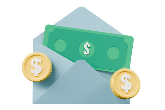 3d money envelope icon. cash transfer concept. minimal cartoon envelope, banknotes and coins for payment delivery. isolated on white transparent background. 3d render.