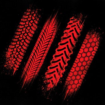 Red tire tracks on black background.