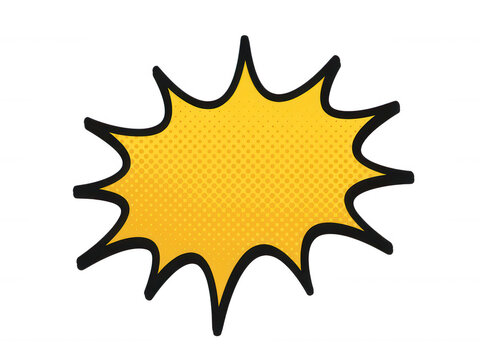 Yellow comic book style speech bubble explosion with halftone pattern isolated on a transparent background