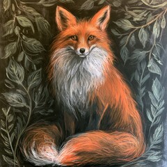 Naklejka premium A chalk sketch of a fox is displayed on a blackboard along with leafy designs. This rustic art shows vibrant russet tones and detailed textures.