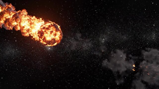 Fiery asteroid burning through space with smoke trails against a starry background