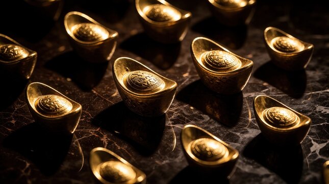 Golden ingots rest on dark marble surface. Chinese sycees shiny with dramatic light, casting long shadows. Represents wealth, fortune, success, and prosperity.