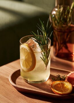 Glass of a refreshing drink on a wooden tray. the glass is filled with a light yellow liquid and has a slice of lemon on the rim.