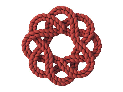 Intricate circular knot pattern made from red rope isolated on transparent background for artistic design elements
