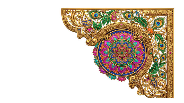 Decorative golden corner frame with lotus mandala and peacock feathers isolated on transparent background