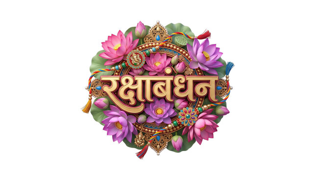 Raksha bandhan festival greeting with lotus flowers and traditional rakhi isolated on transparent background