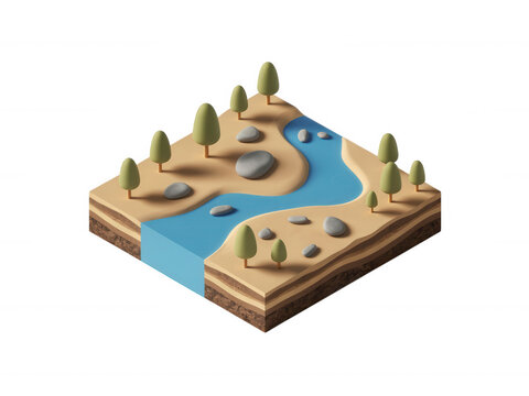 Isometric 3d landscape section with a winding river and trees isolated on transparent background for game design