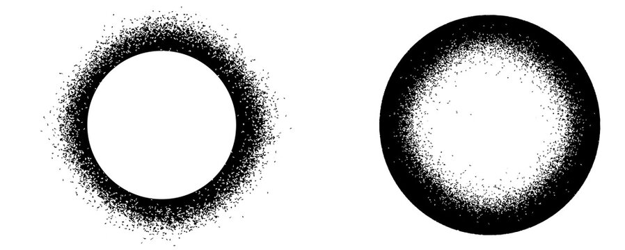 Grainy noise circles vector set. Dot grain texture circles. Spray texture sand and dissolving circles. Abstract black spheres with gradient stipple pattern. Vector illustration
